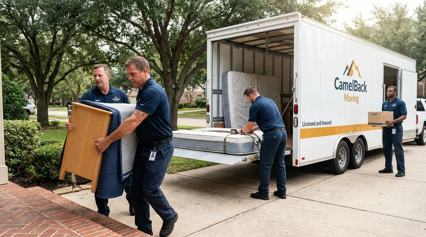 Crew loading residential truck for cross-state move from Mangum, OK