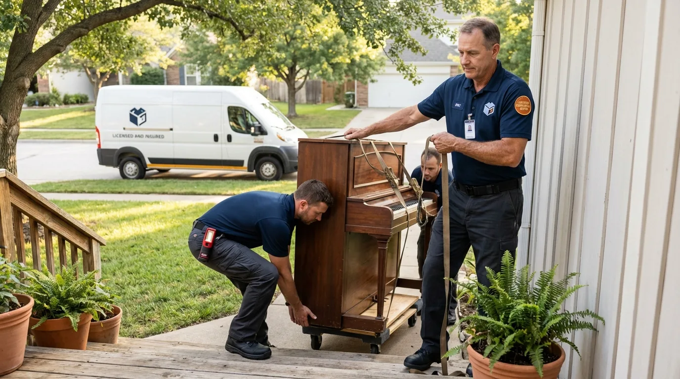 Licensed piano movers securing grand piano in Mangum, OK