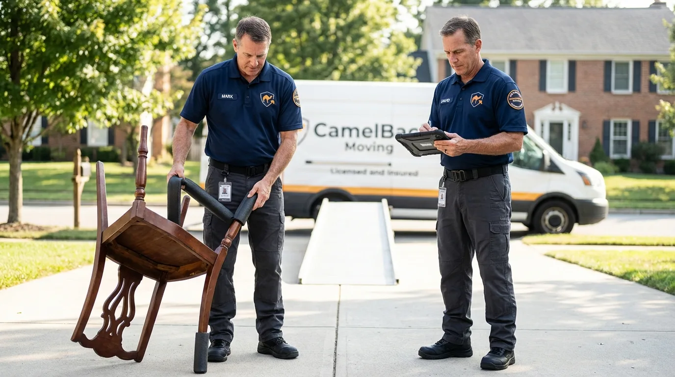 Movers inspecting furniture for damage prevention before loading in Mangum, OK