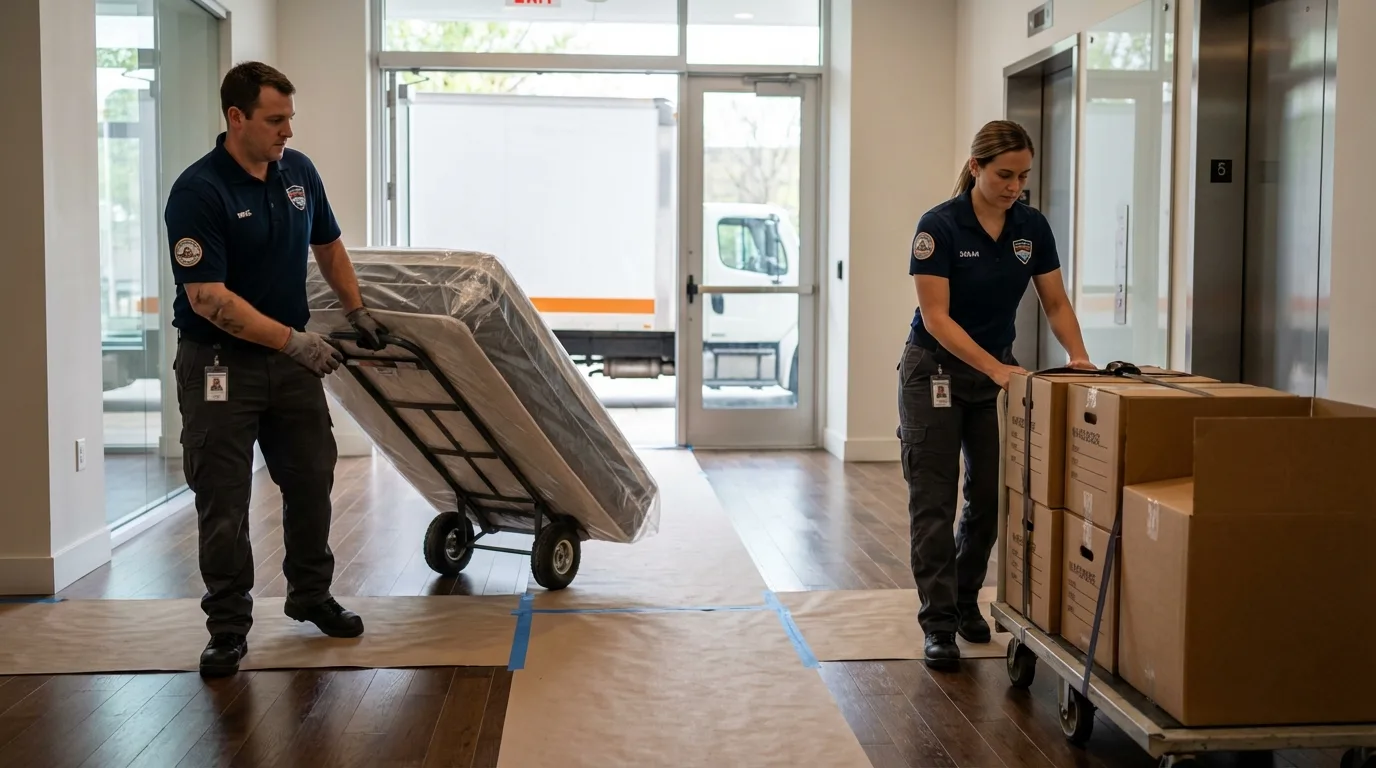 Professional apartment movers loading elevator in Mangum, OK