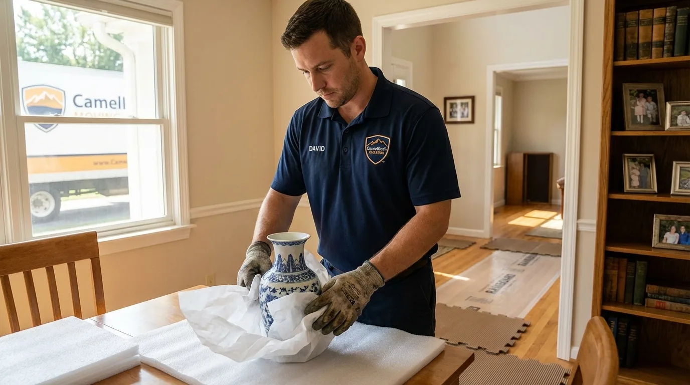 Professional crew carefully wrapping antique vase for senior downsizing move in Mangum, OK